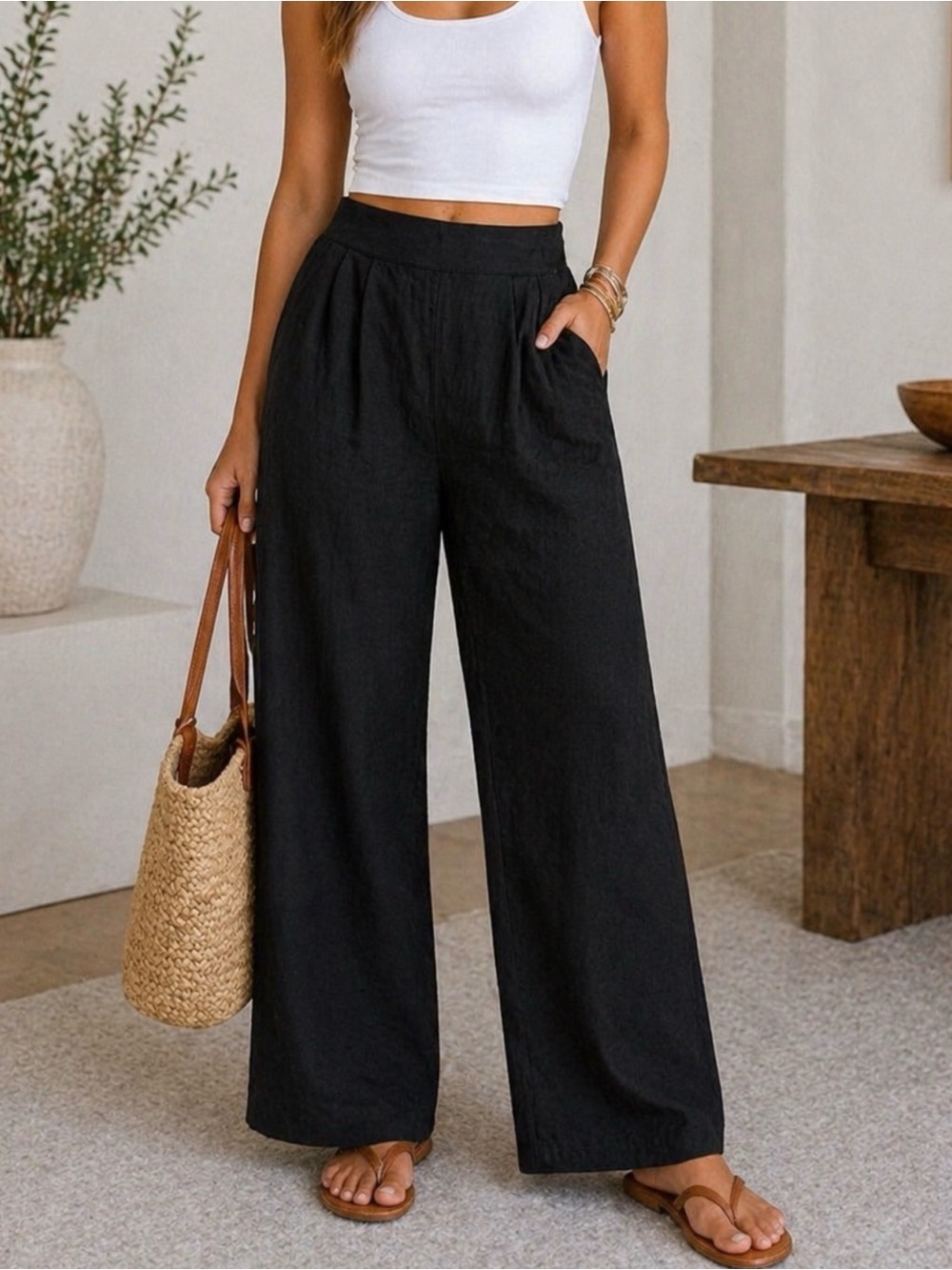 Abercrombie & Fitch Wide-Leg High-Waist Black Linen Blend Pants